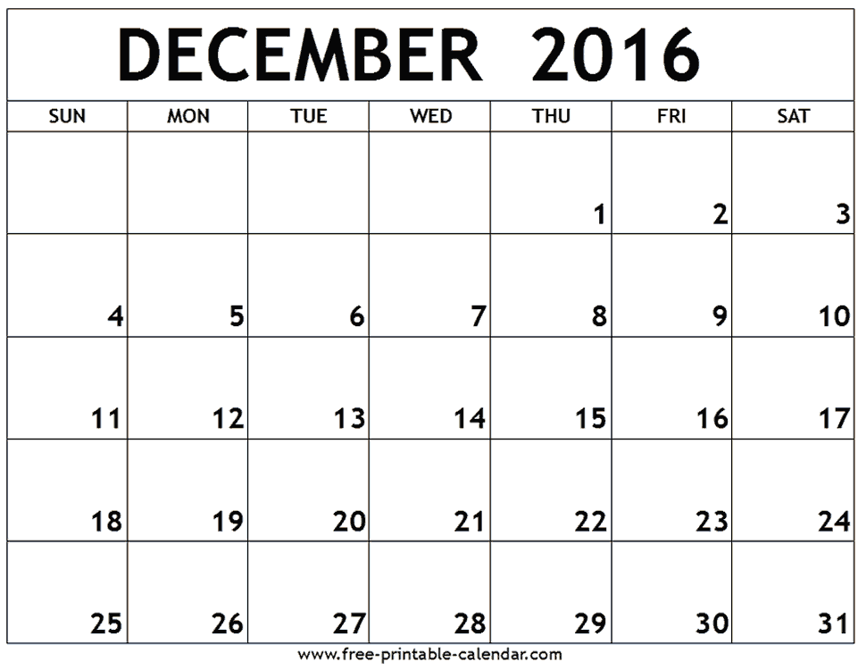 Free December 2016 Calendar (with Us Holidays) â Printable Calendar